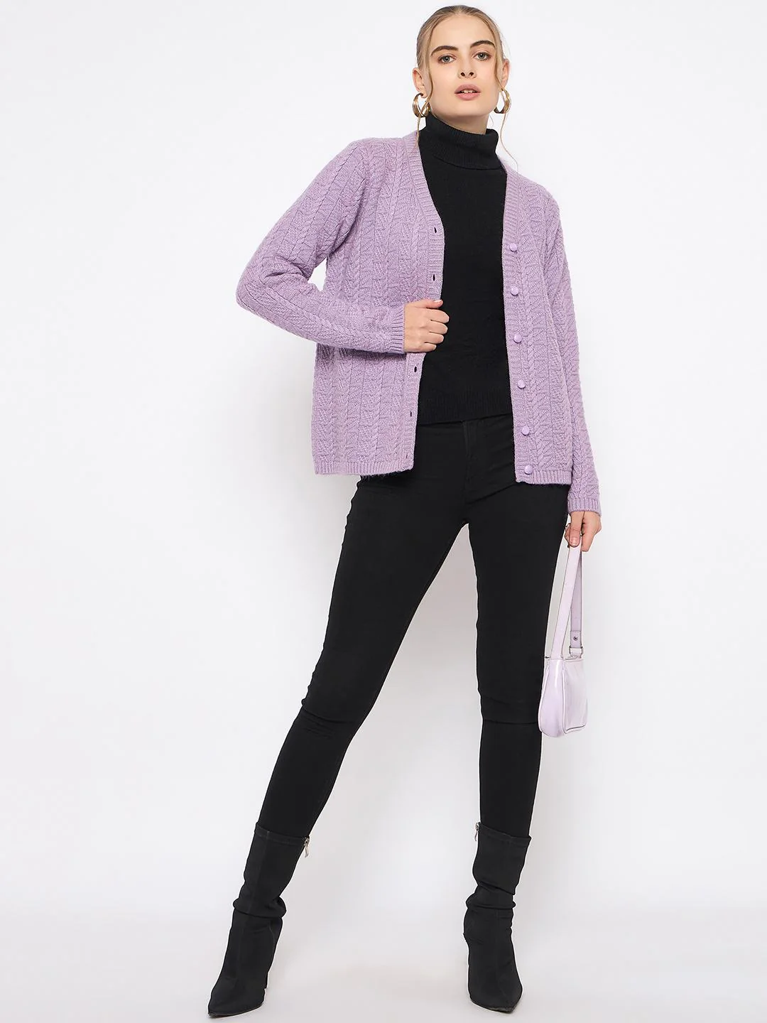 Madame Cable Knit V- Neck Buttoned Lilac Cardigan - Image 2