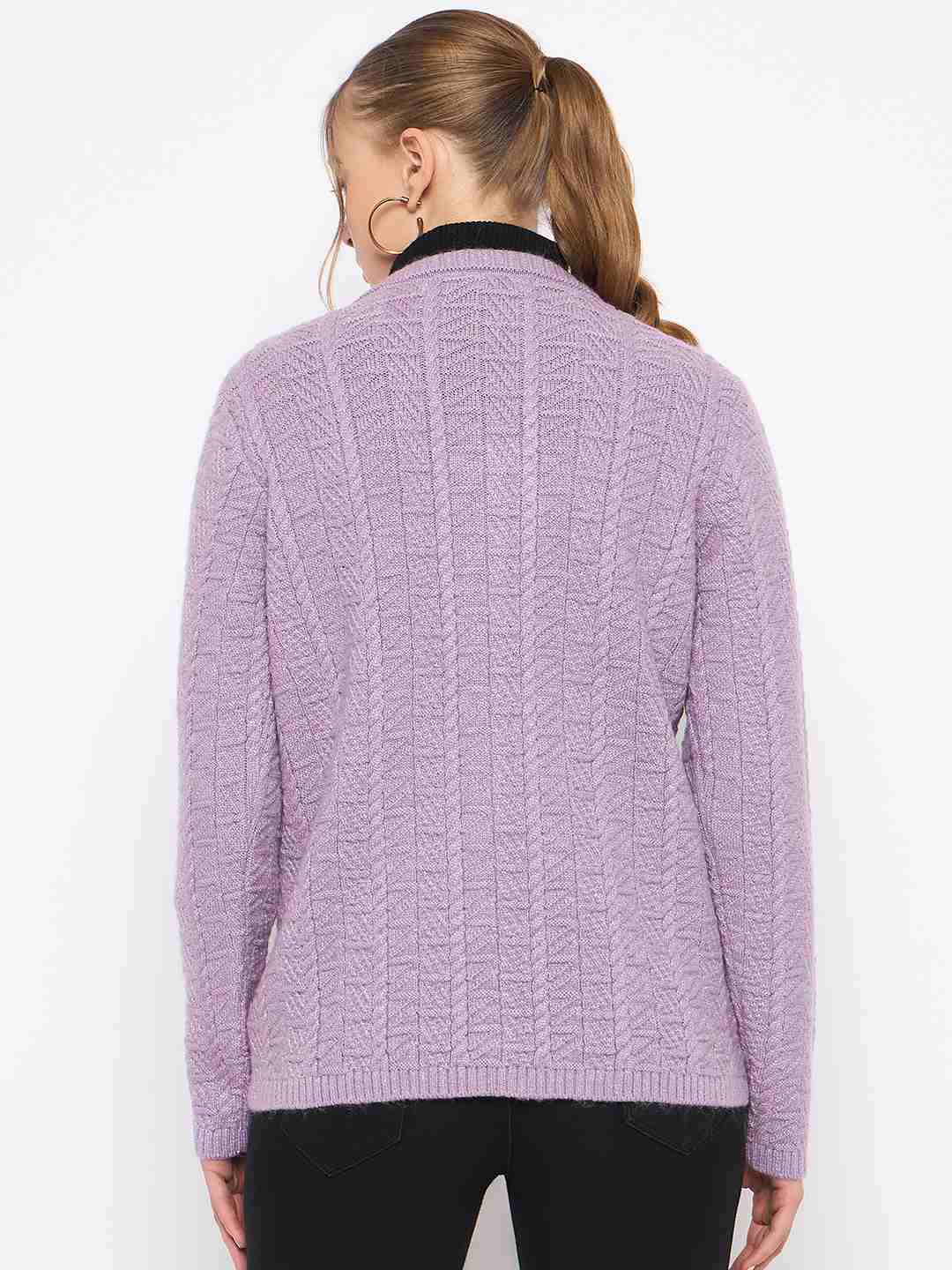Madame Cable Knit V- Neck Buttoned Lilac Cardigan - Image 6