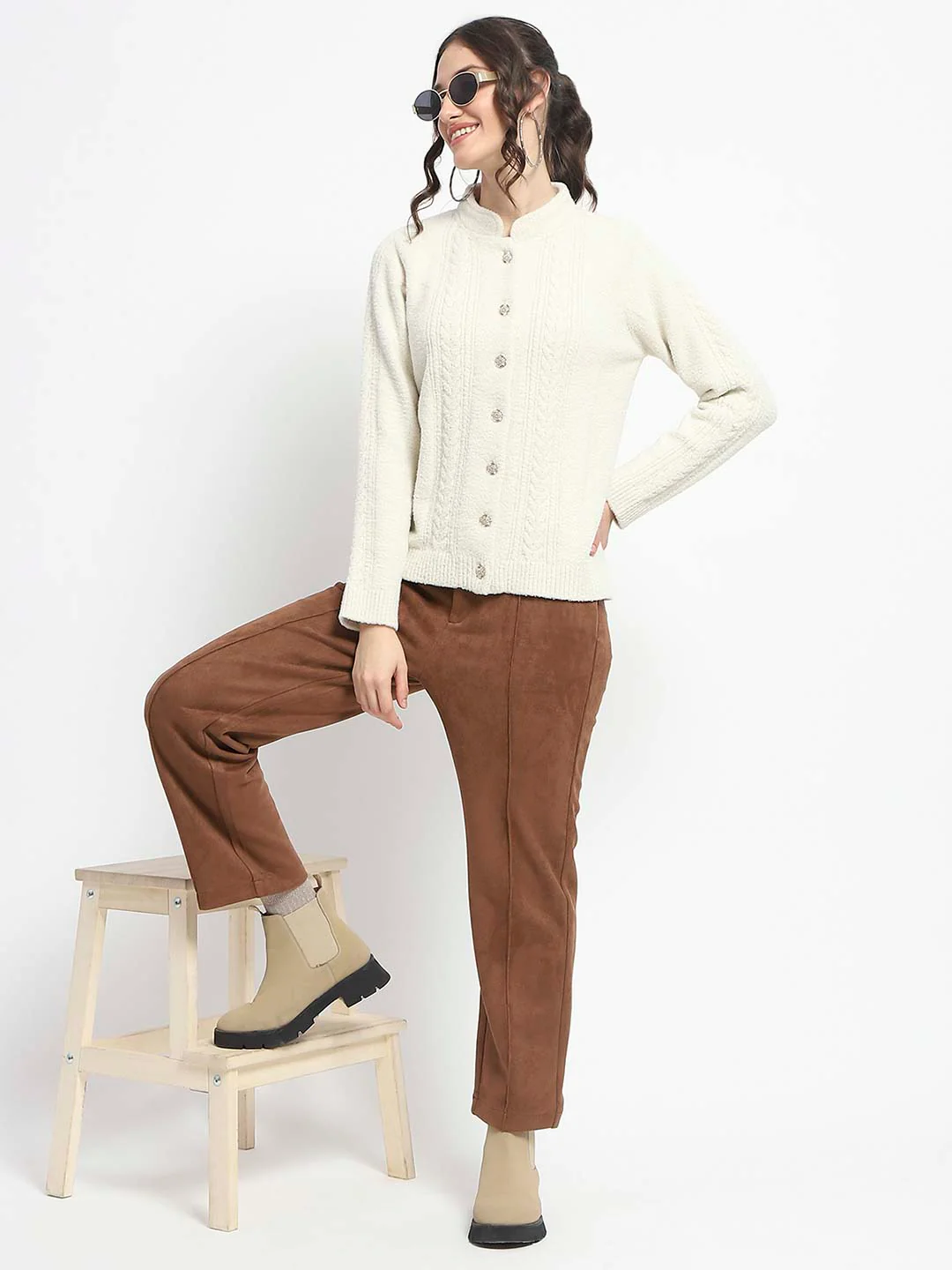 Madame Button Down Cable Knit Solid Beige Cardigan - Image 2