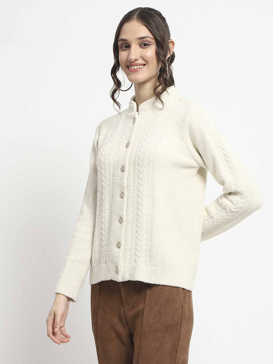 Madame Button Down Cable Knit Solid Beige Cardigan - Image 5