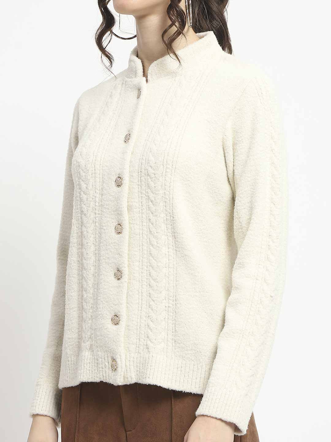 Madame Button Down Cable Knit Solid Beige Cardigan - Image 7