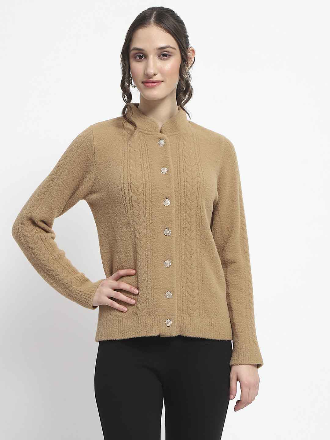 Madame Button Down Cable Knit Solid Khaki Cardigan - Image 3