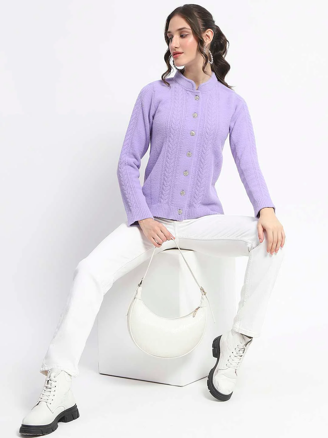 Madame Button Down Cable Knit Solid Lilac Cardigan - Image 2