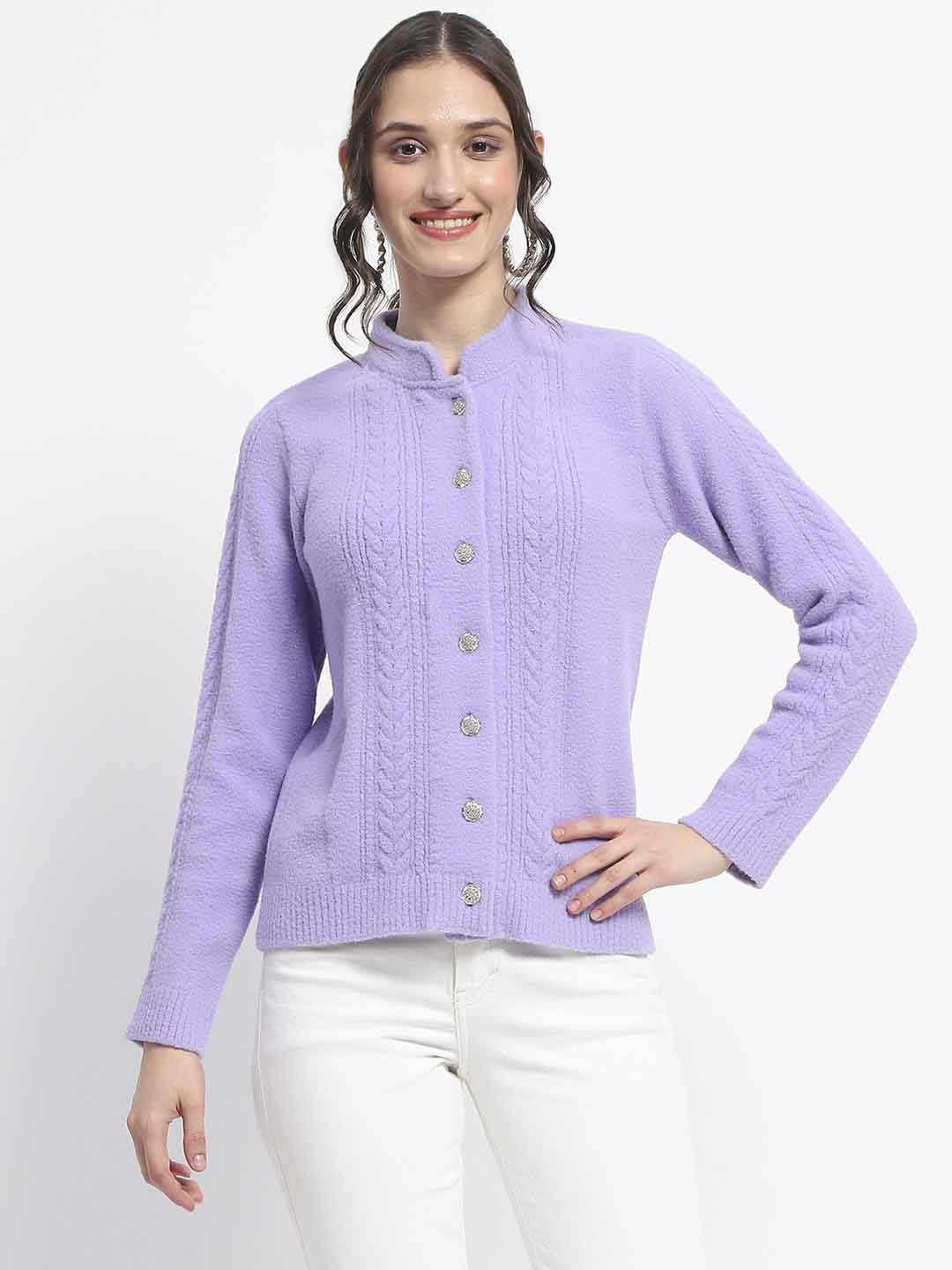 Madame Button Down Cable Knit Solid Lilac Cardigan - Image 3