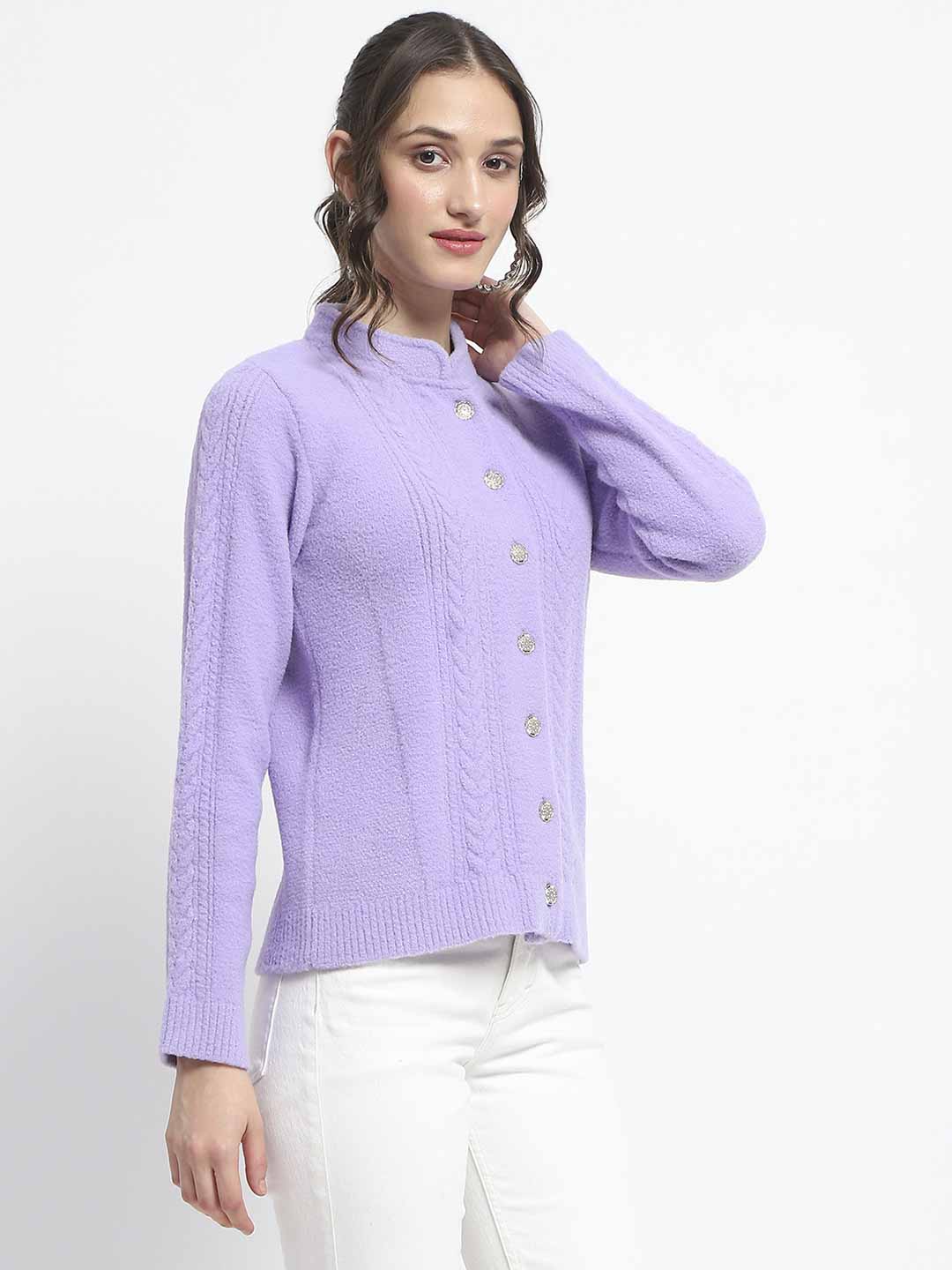 Madame Button Down Cable Knit Solid Lilac Cardigan - Image 4