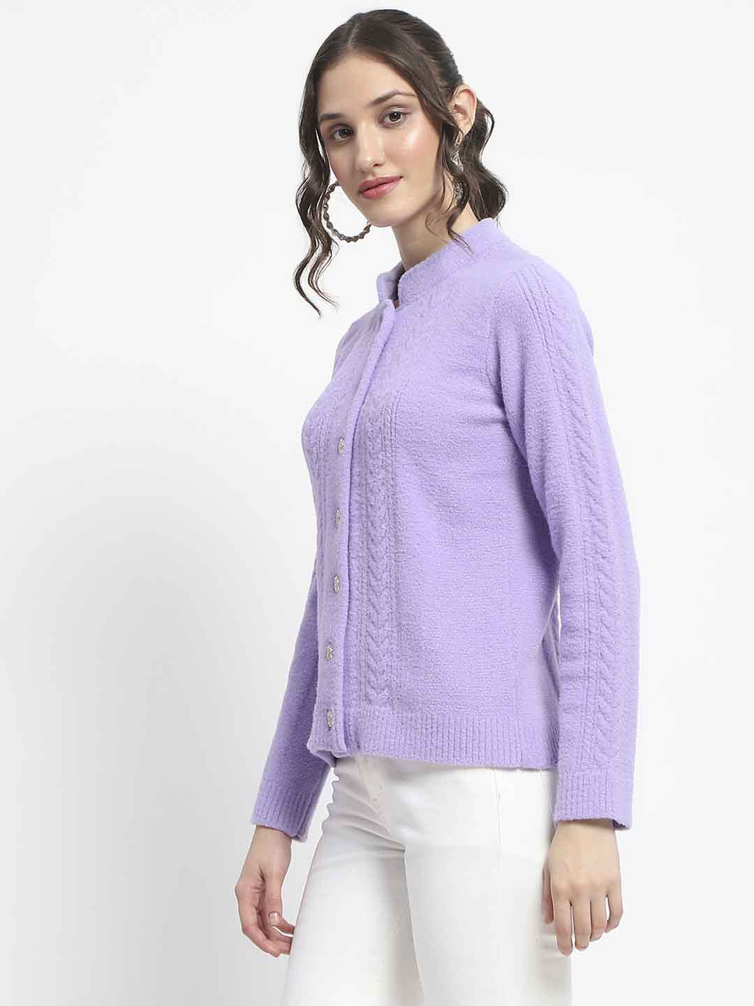 Madame Button Down Cable Knit Solid Lilac Cardigan - Image 5