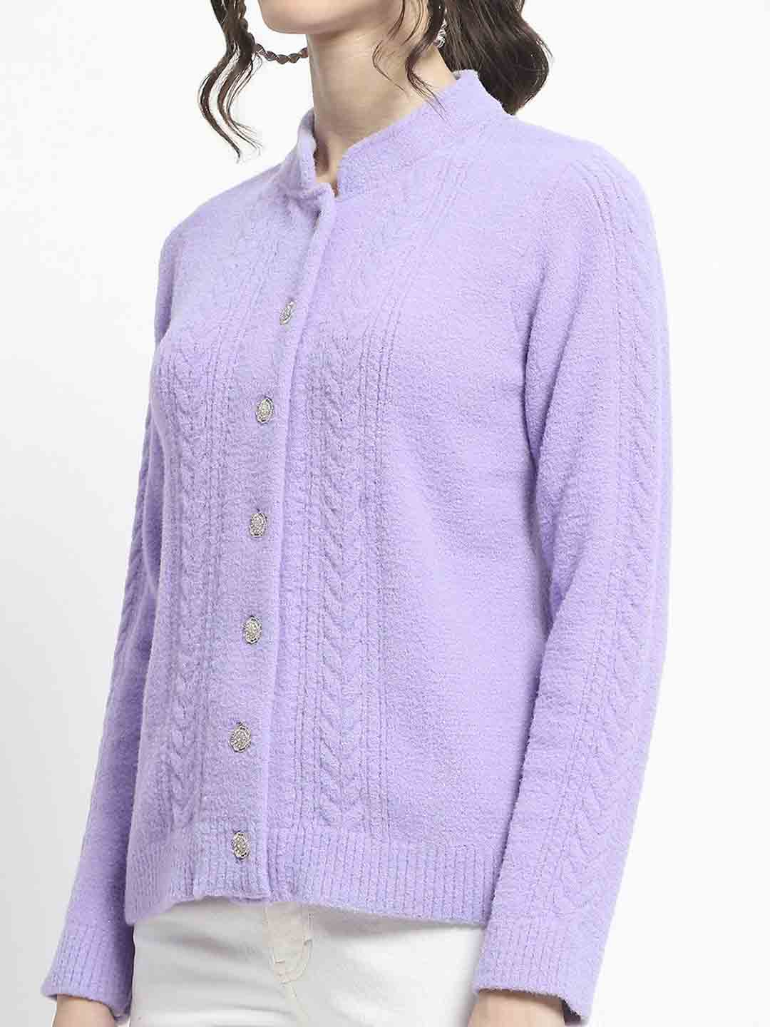 Madame Button Down Cable Knit Solid Lilac Cardigan - Image 7