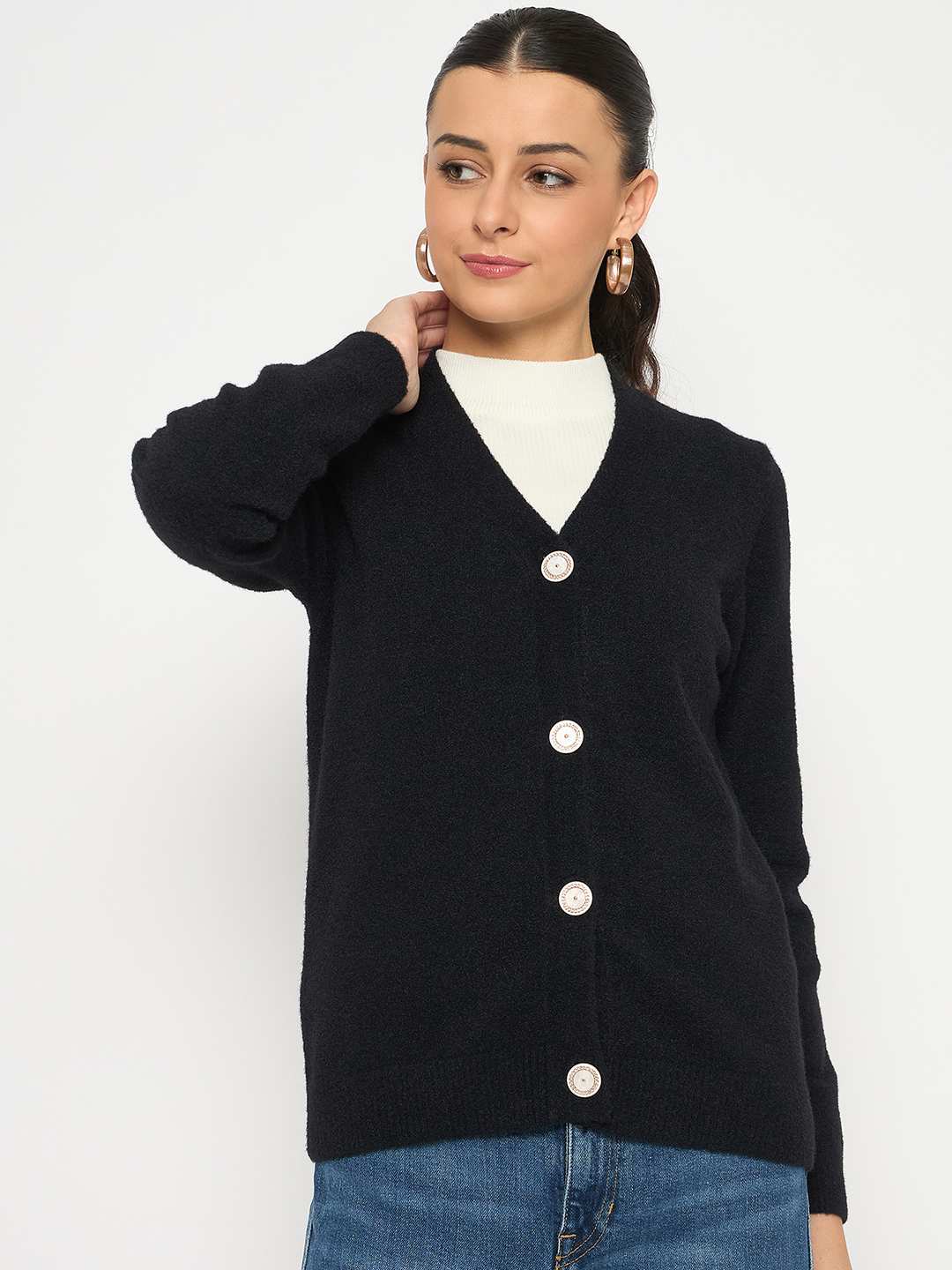 Madame V Neck Solid Black Cardigan - Image 3
