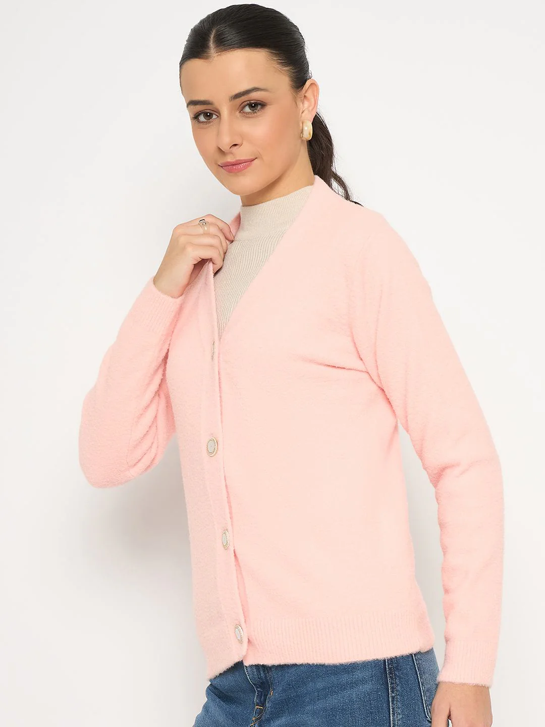 Madame V Neck Solid Peach Cardigan - Image 5