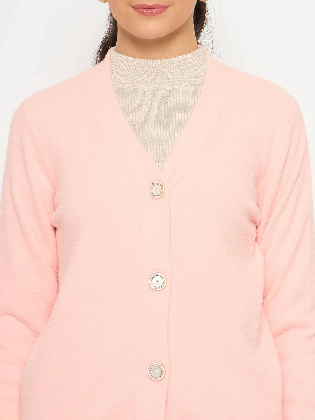 Madame V Neck Solid Peach Cardigan - Image 7