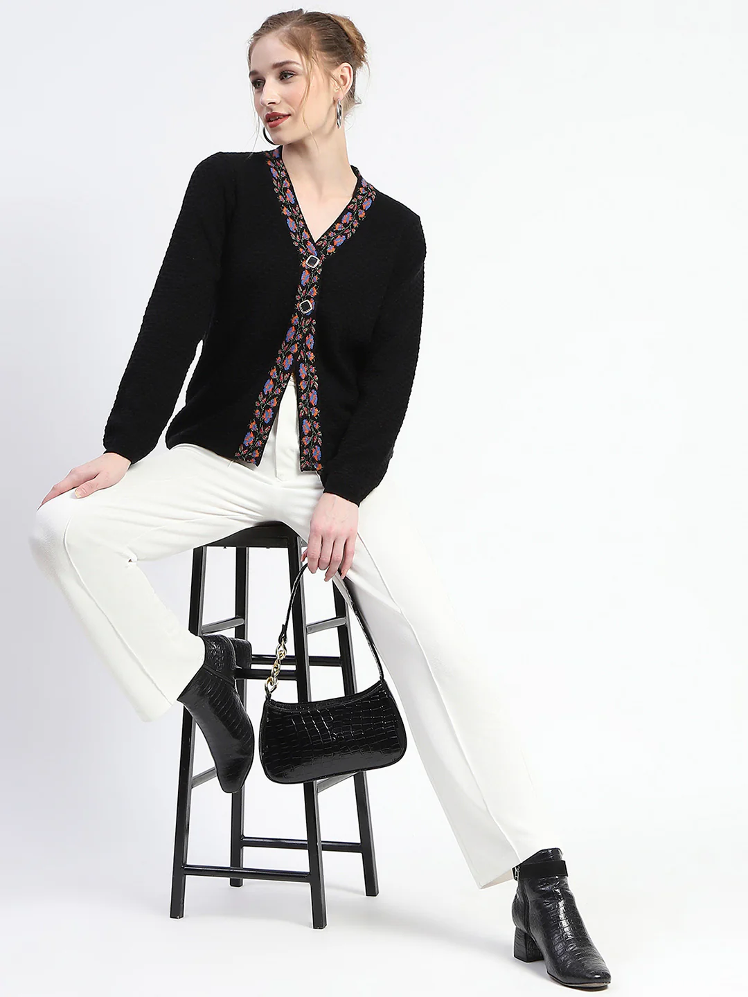 Madame Colorful Embroidered Trim V-Neck Black Cardigan - Image 2
