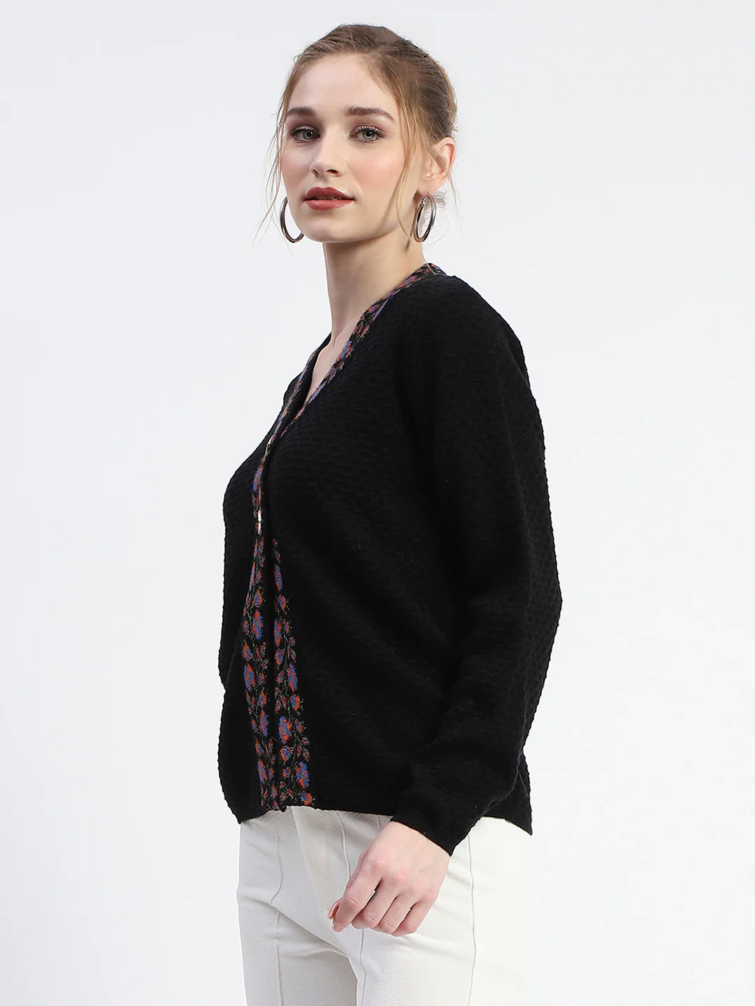 Madame Colorful Embroidered Trim V-Neck Black Cardigan - Image 4