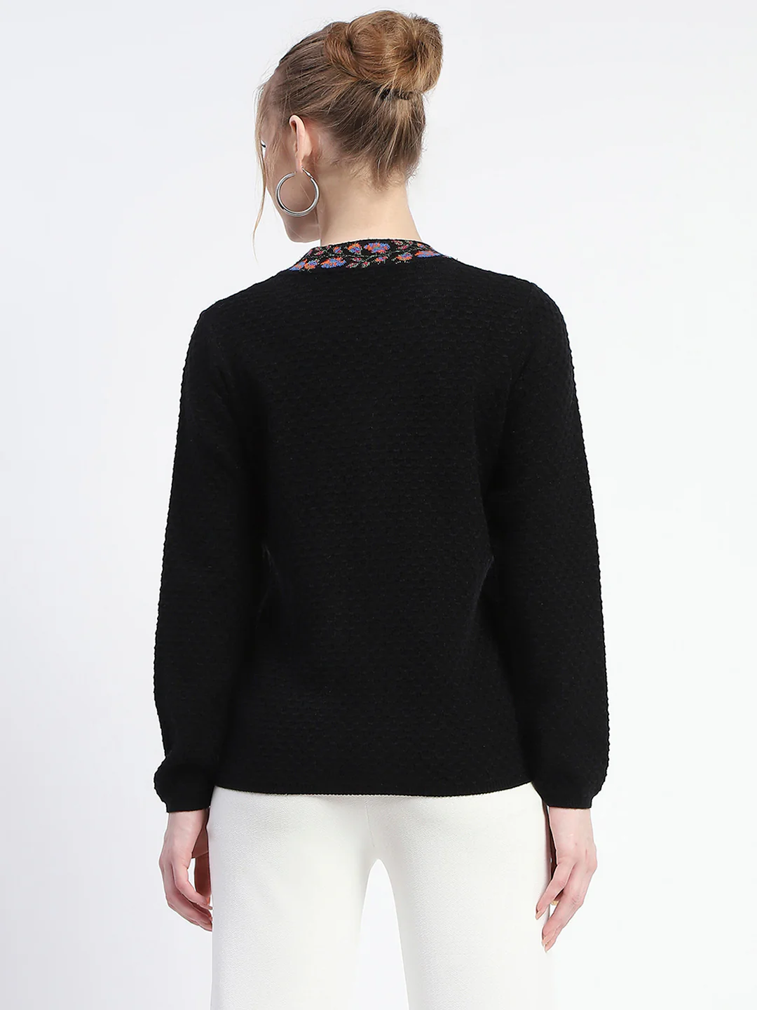 Madame Colorful Embroidered Trim V-Neck Black Cardigan - Image 5