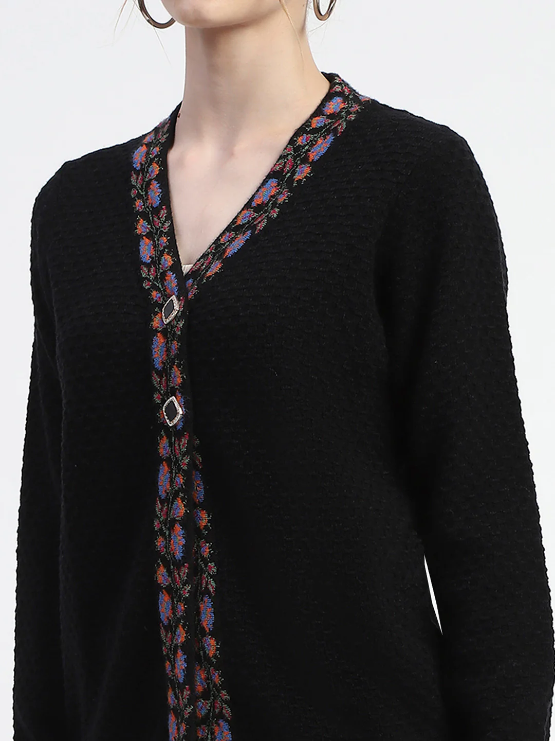 Madame Colorful Embroidered Trim V-Neck Black Cardigan - Image 6