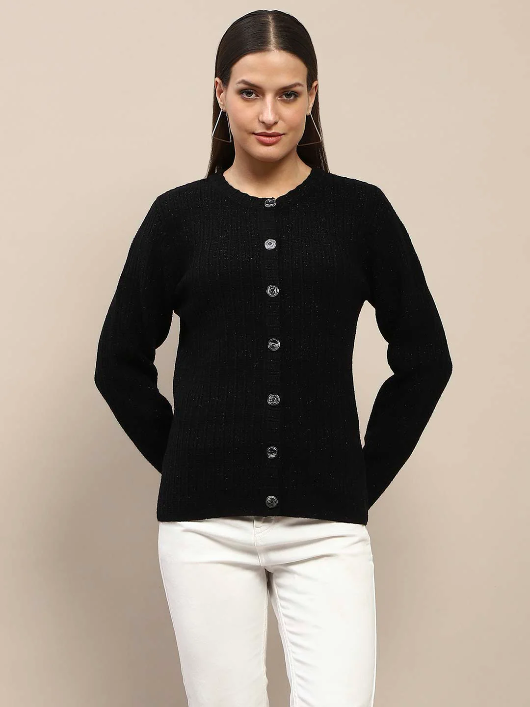 Madame Cable Knit Buttoned Black Cardigan - Image 3