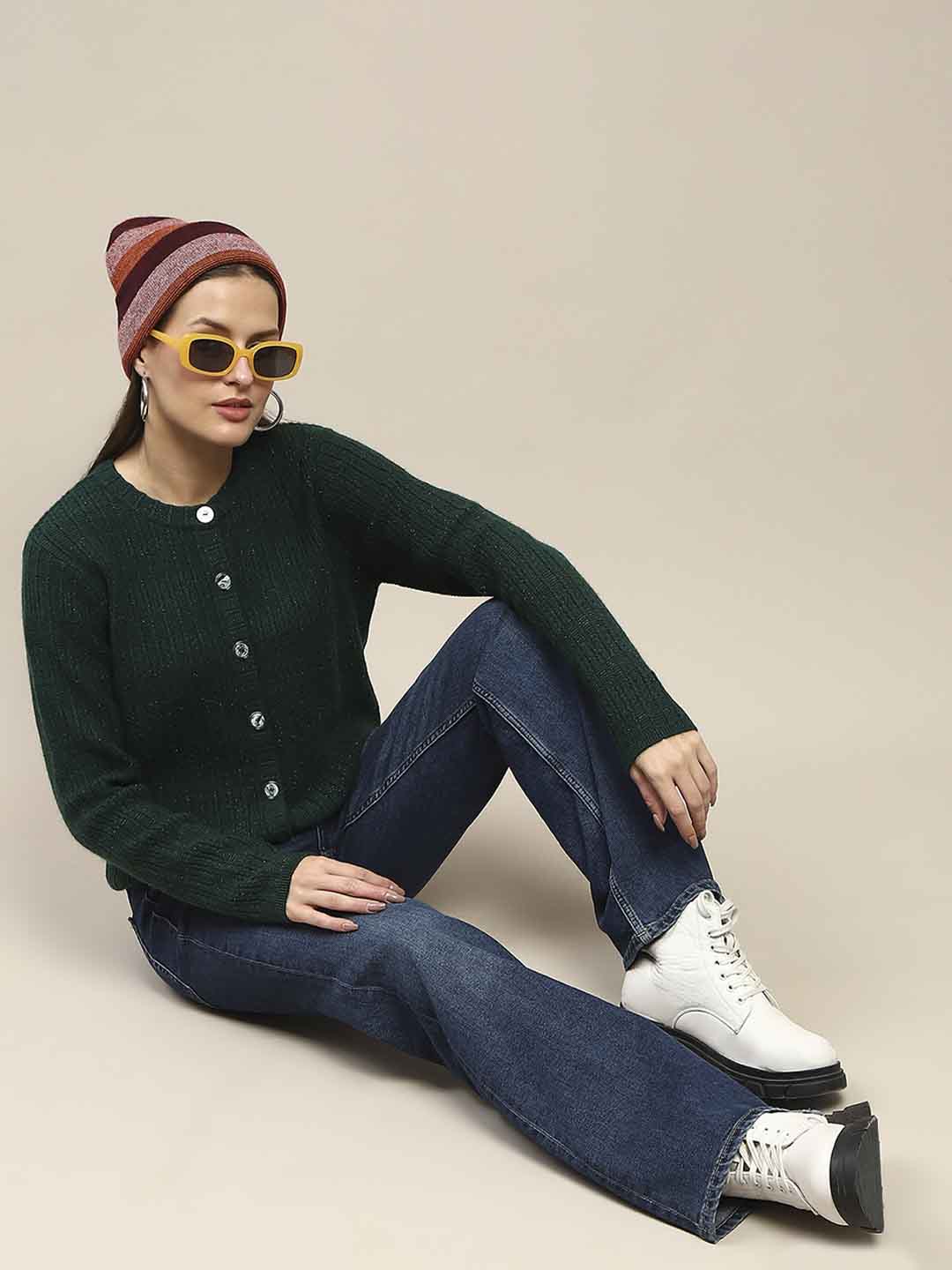 Madame Cable Knit Buttoned Bottle Green Cardigan - Image 2