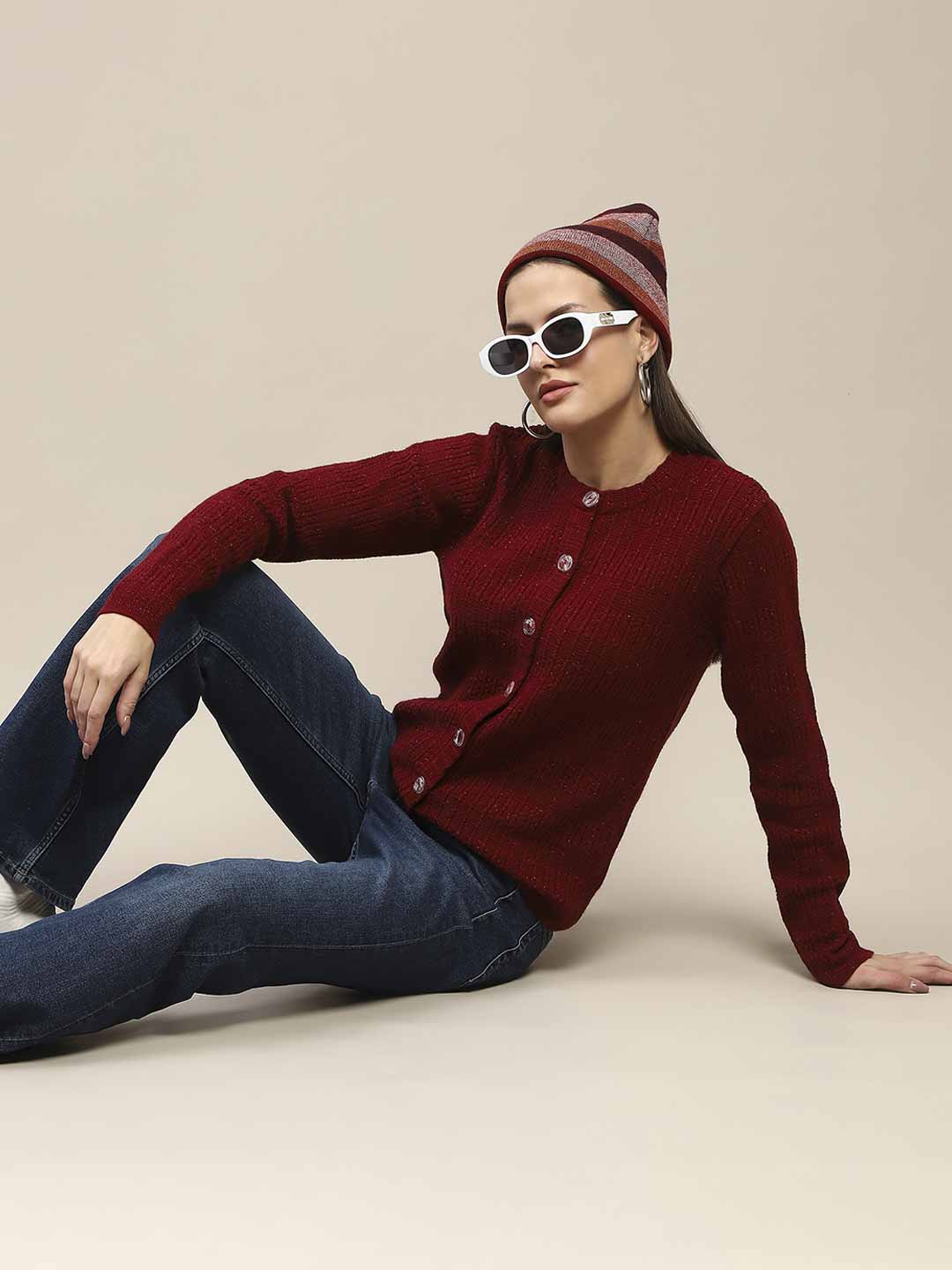 Madame Cable Knit Buttoned Red Cardigan