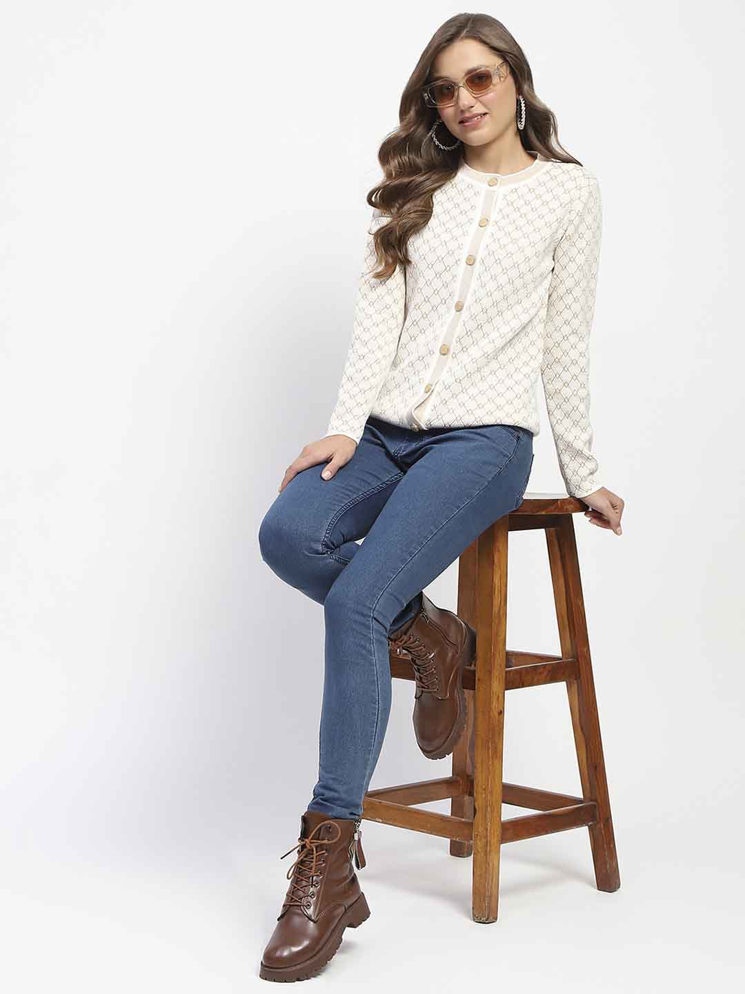 Madame Offwhite Printed Buttoned Cardigan