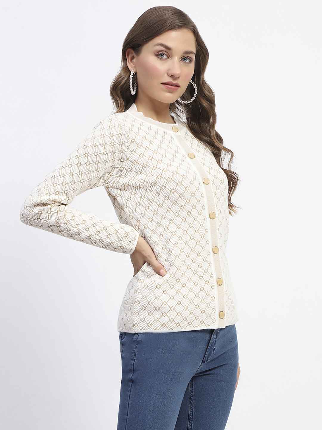 Madame Offwhite Printed Buttoned Cardigan - Image 3
