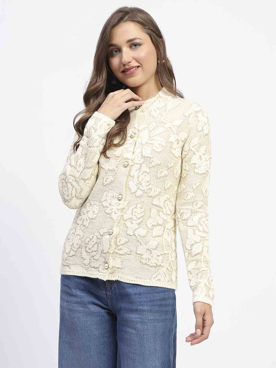 Madame Mock Neck Textured Beige Cardigan - Image 2