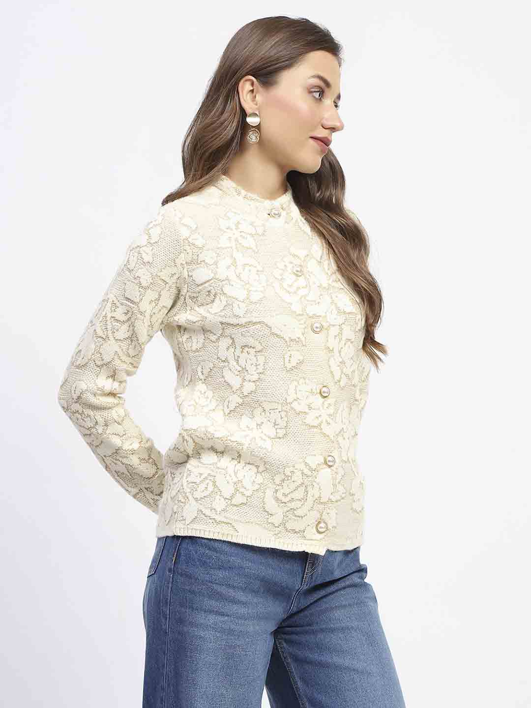 Madame Mock Neck Textured Beige Cardigan - Image 3