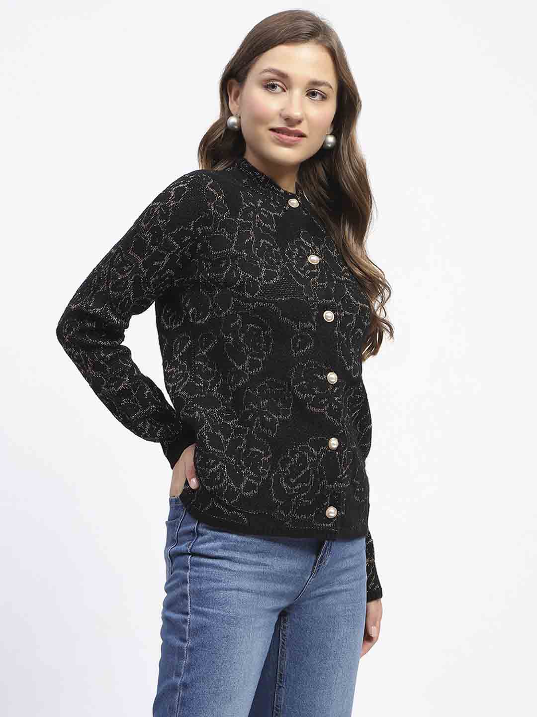 Madame Black Shimmer Printed Buttoned Cardigan - Image 3