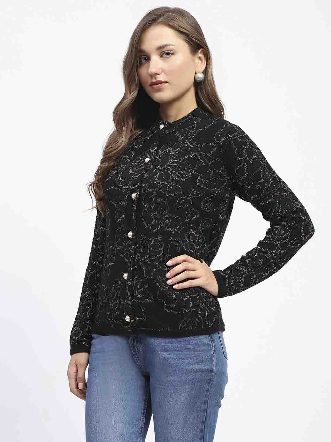 Madame Black Shimmer Printed Buttoned Cardigan - Image 4