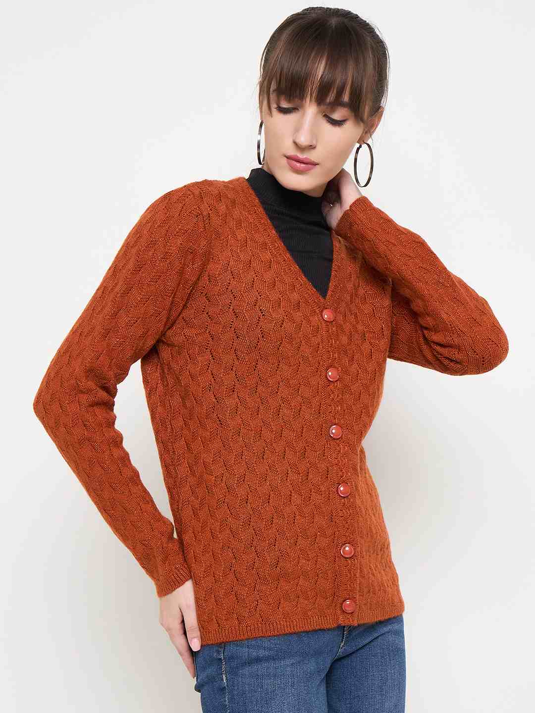 Madame Cable Knit Solid Burnt Orange Buttoned Cardigan - Image 3