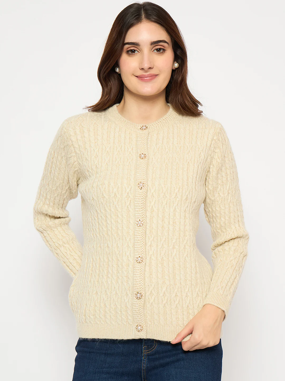 Madame Cable Knit Button Down Beige Cardigan - Image 3