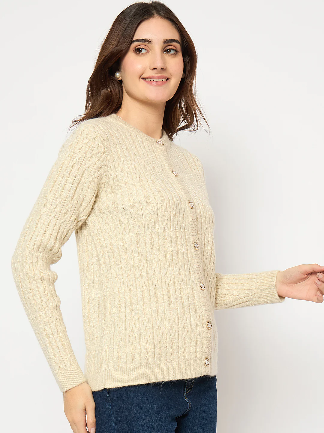 Madame Cable Knit Button Down Beige Cardigan - Image 4