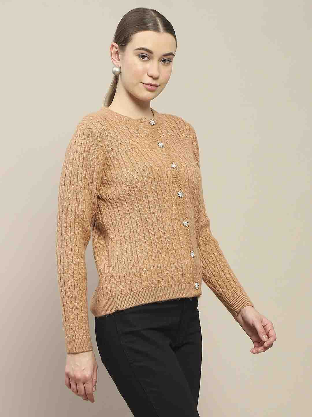 Madame Cable Knit Round Neck Rosewood Cardigan - Image 3