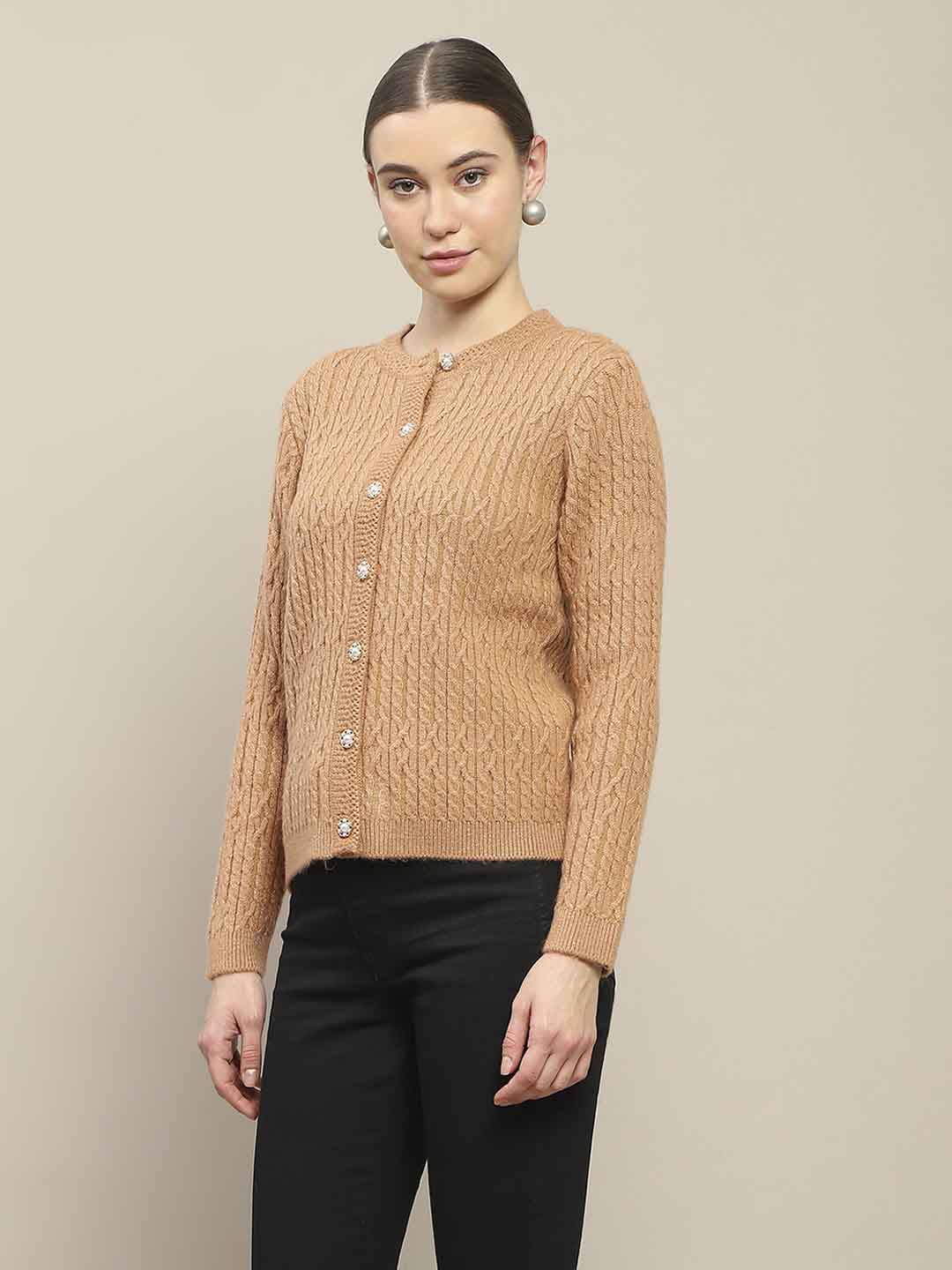 Madame Cable Knit Round Neck Rosewood Cardigan - Image 4
