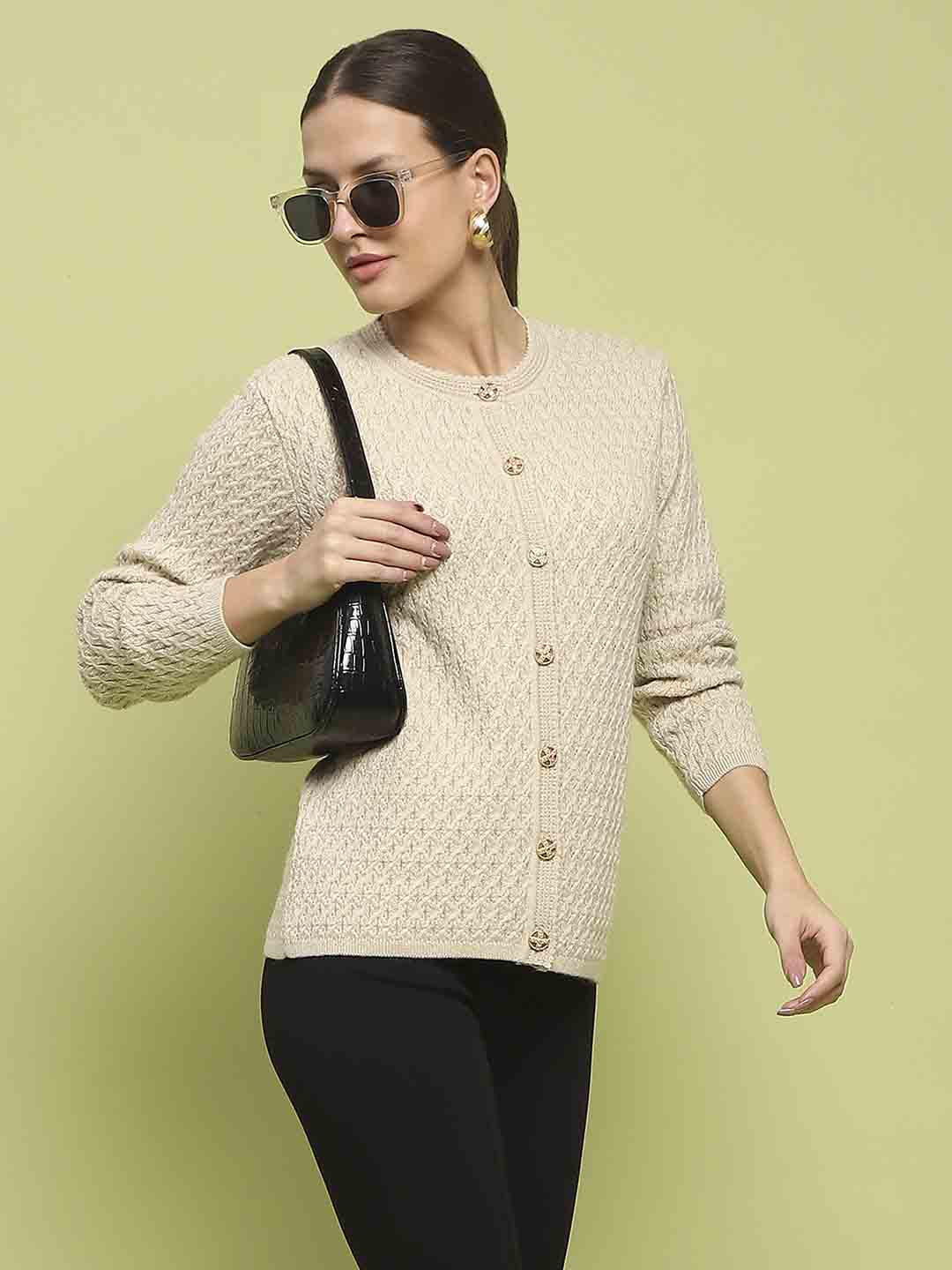 Madame Glossy Buttoned Cable Knit Beige Cardigan