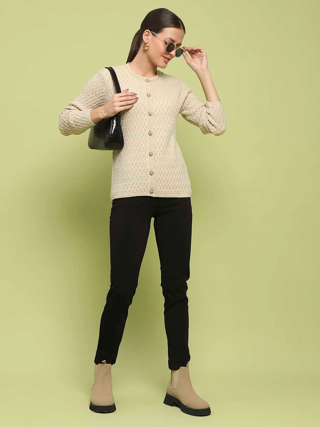 Madame Glossy Buttoned Cable Knit Beige Cardigan - Image 2