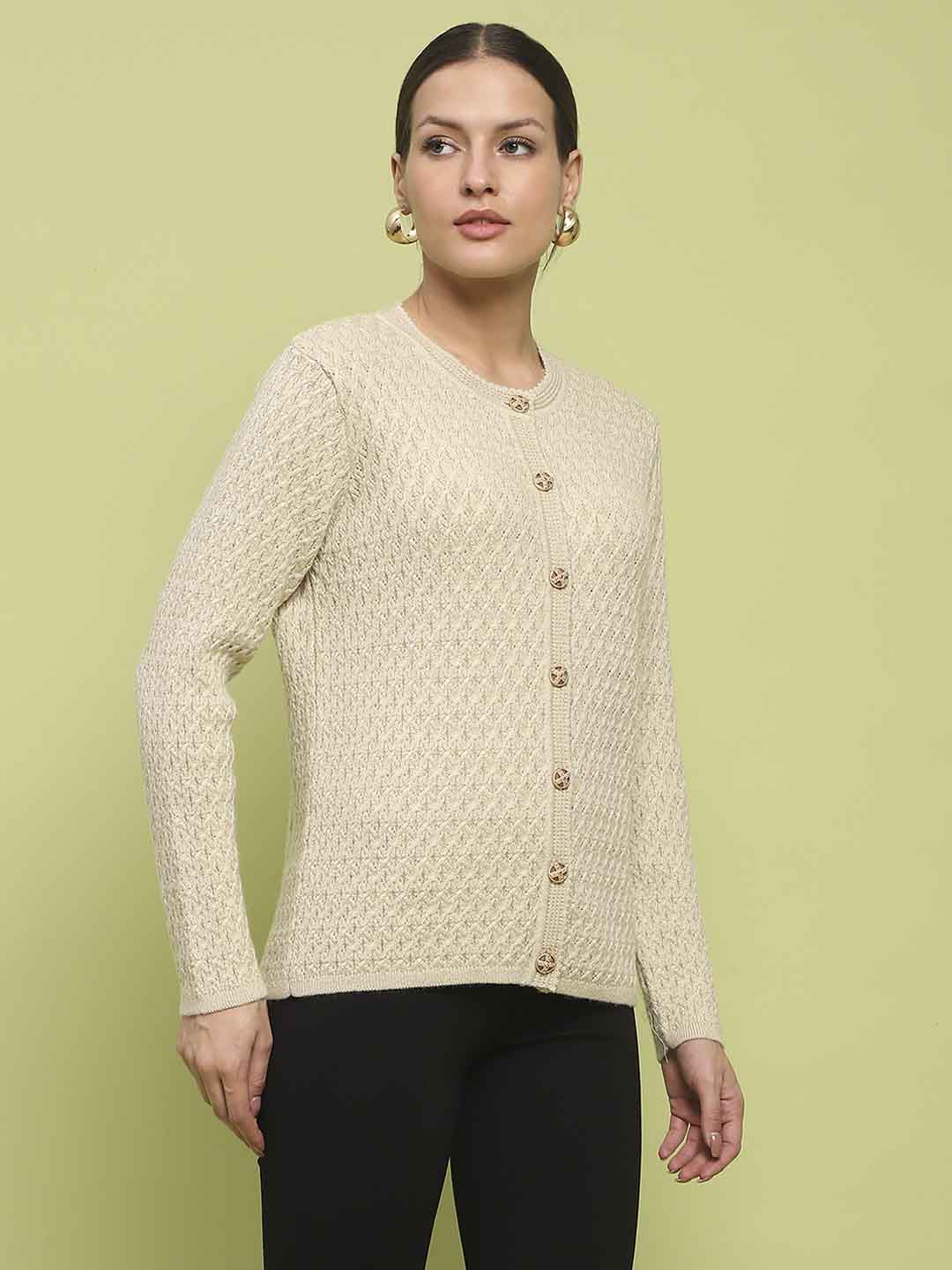 Madame Glossy Buttoned Cable Knit Beige Cardigan - Image 4