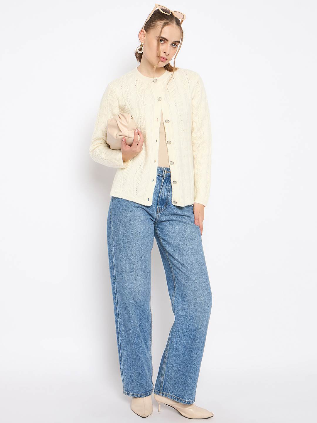 Madame Round Neck Off White Cardigan - Image 2
