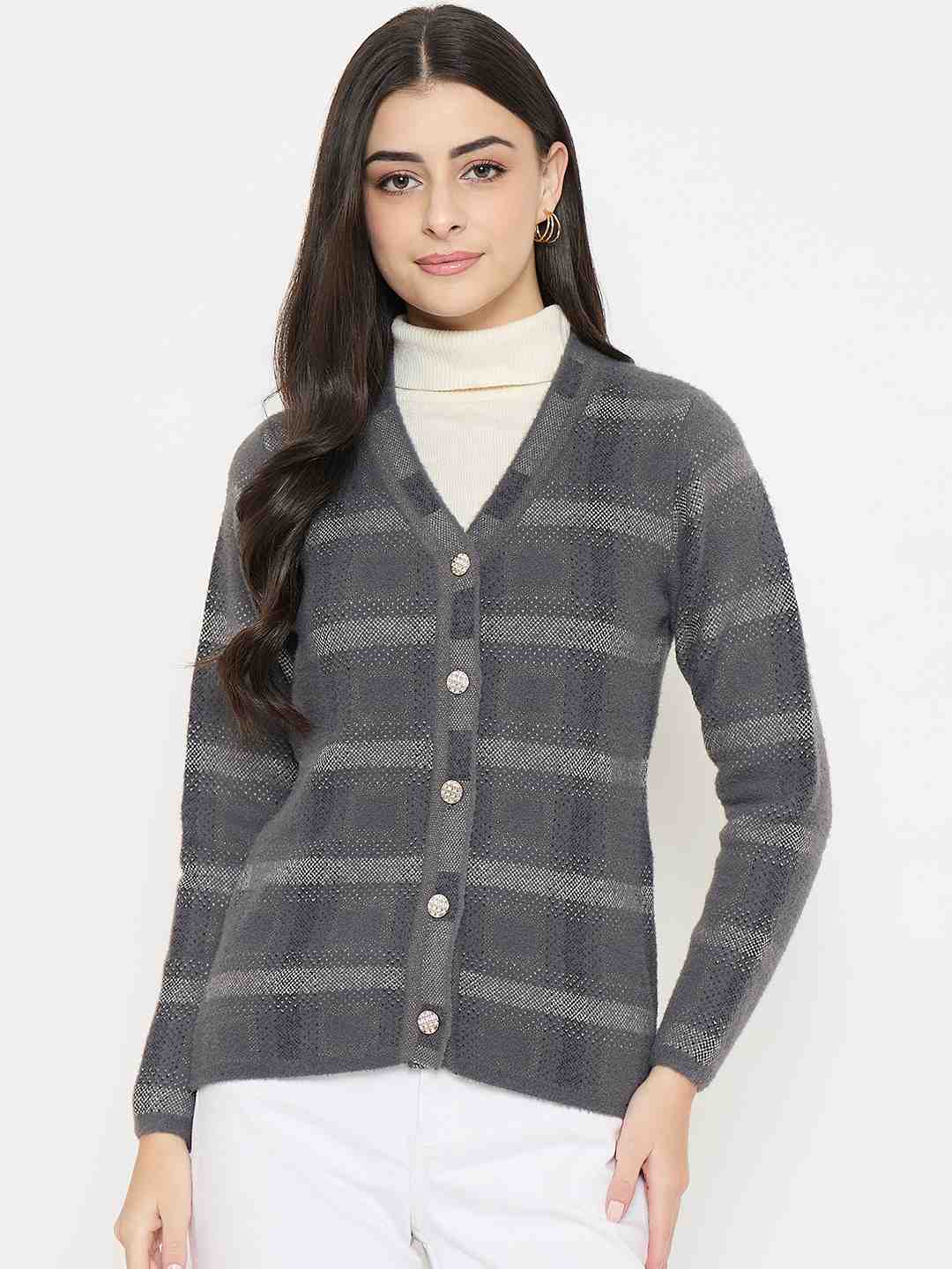 Madame Plaid Nylon Blend Grey Cardigan - Image 3