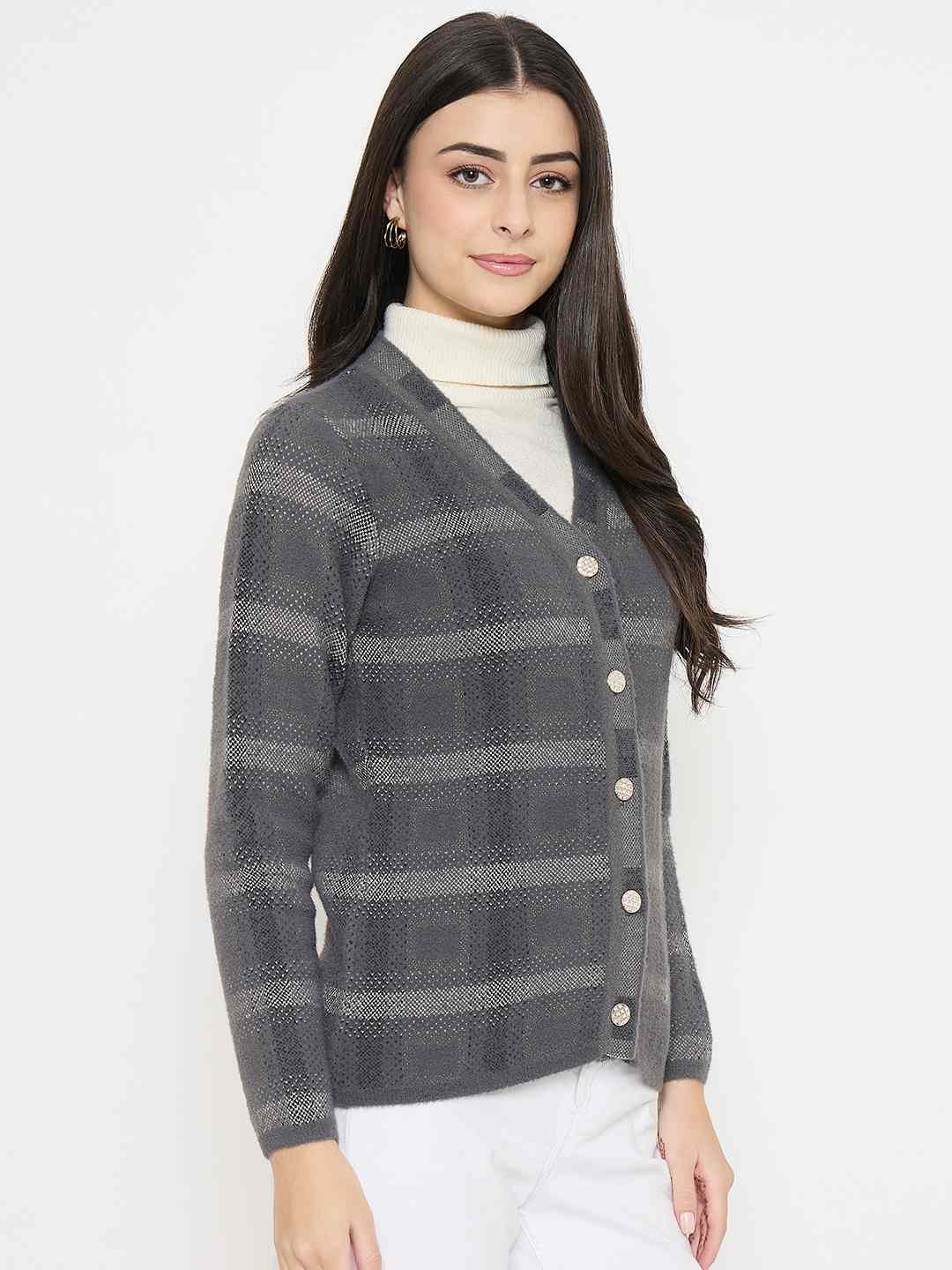 Madame Plaid Nylon Blend Grey Cardigan - Image 4