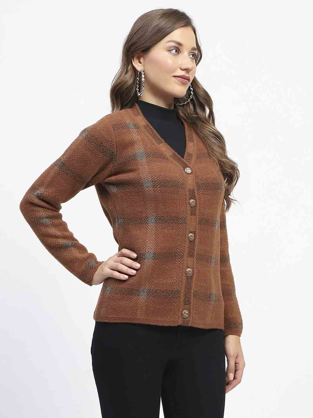 Madame Striped Brown V-Neck Buttoned Cardigan - Image 4