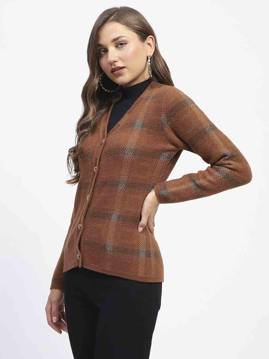 Madame Striped Brown V-Neck Buttoned Cardigan - Image 5