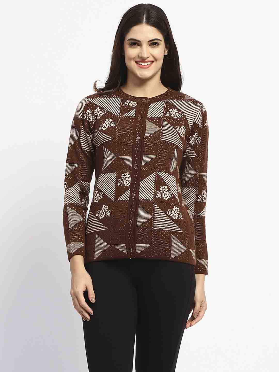 Madame Crew Neck Geometric Print Brown Cardigan - Image 2