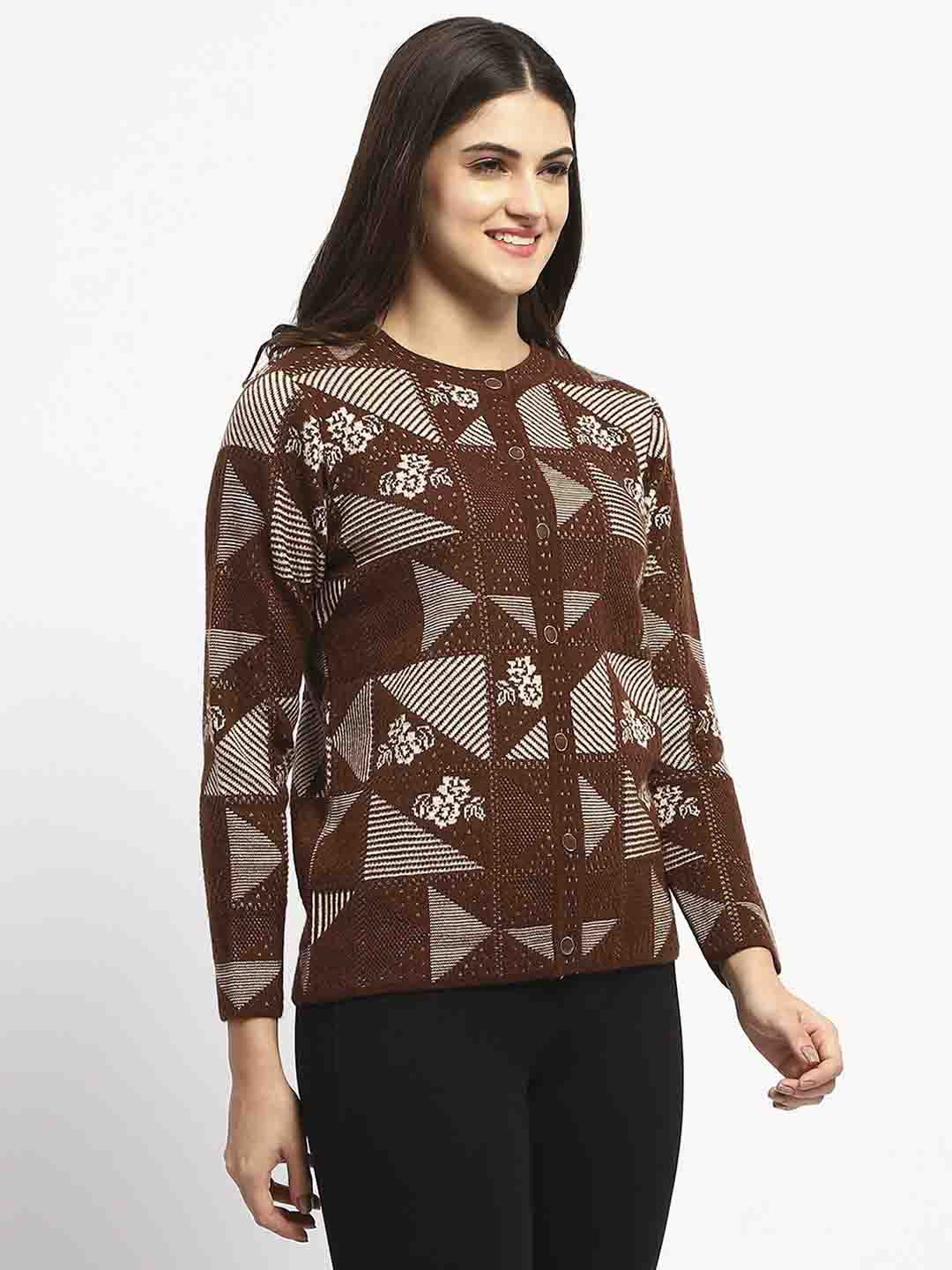 Madame Crew Neck Geometric Print Brown Cardigan - Image 3