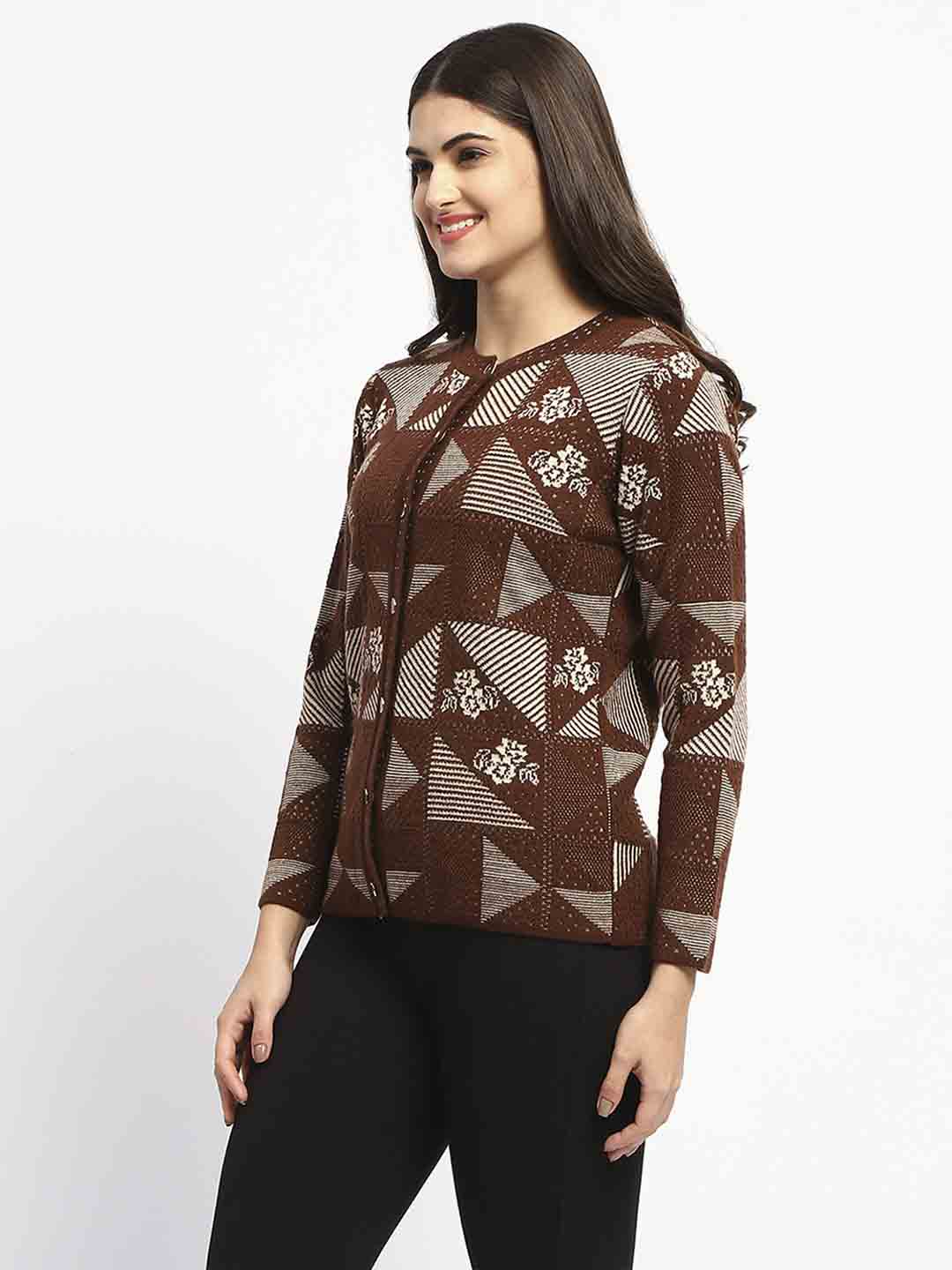 Madame Crew Neck Geometric Print Brown Cardigan - Image 4
