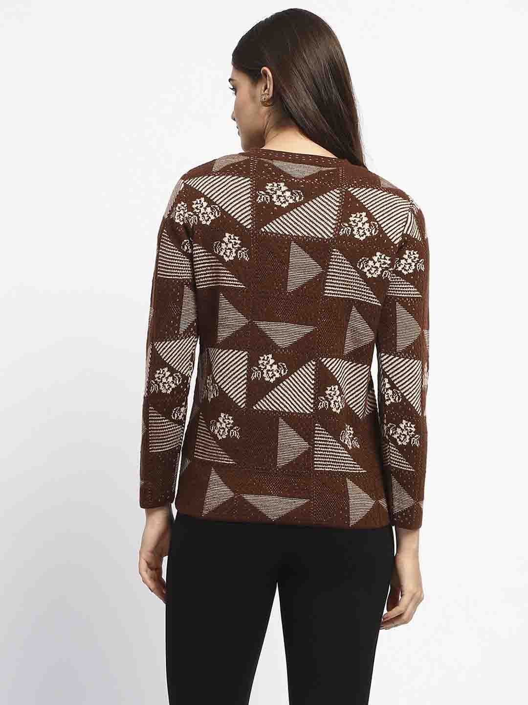 Madame Crew Neck Geometric Print Brown Cardigan - Image 5