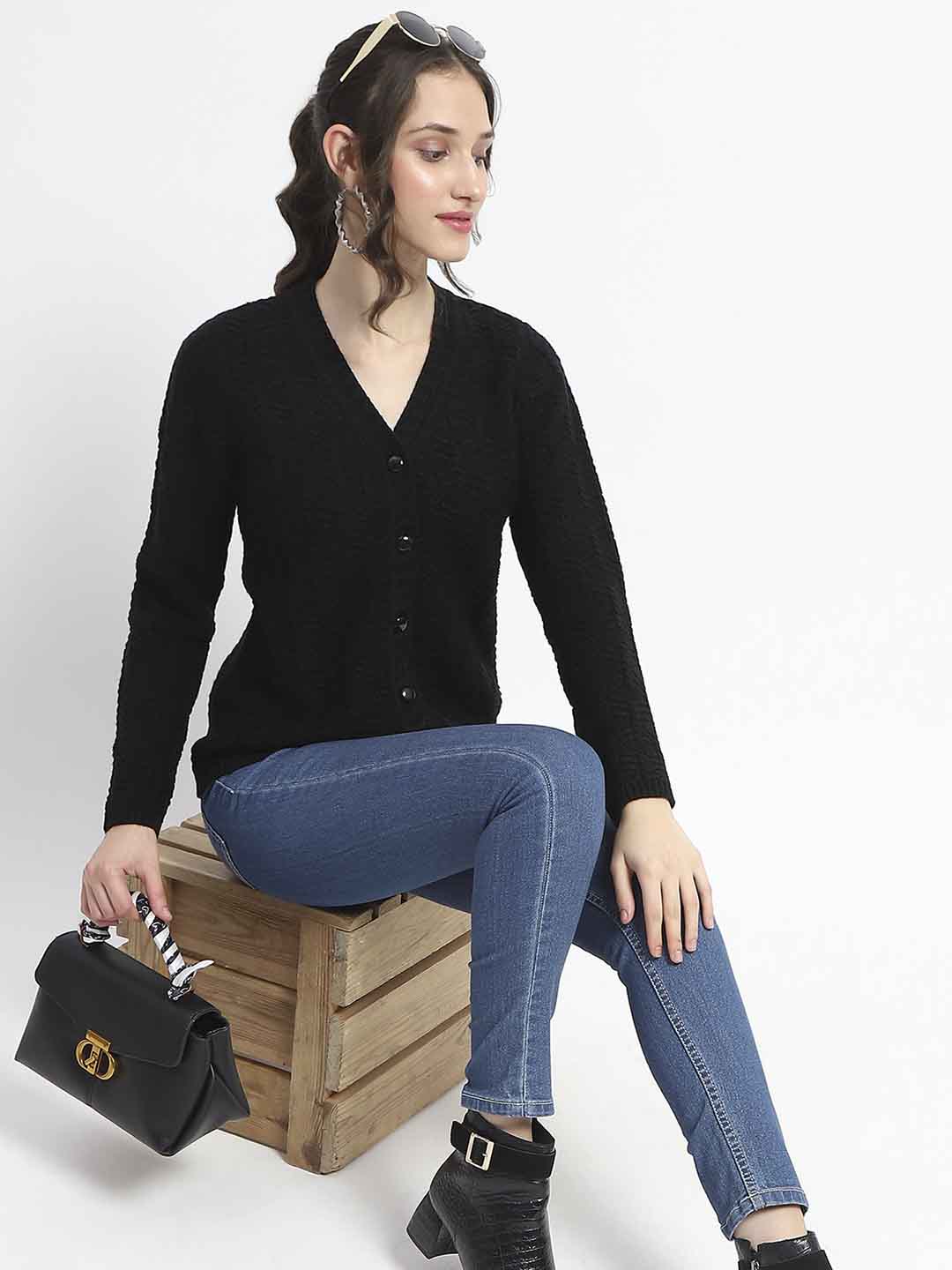 Madame Cable Knit V Neck Black Acrylic Blend Cardigan