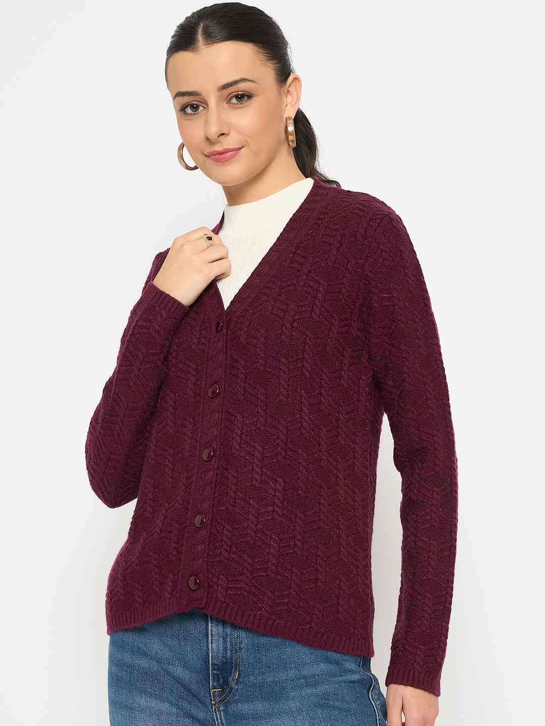 Madame Cable Knit V Neck Wine Cardigan - Image 3