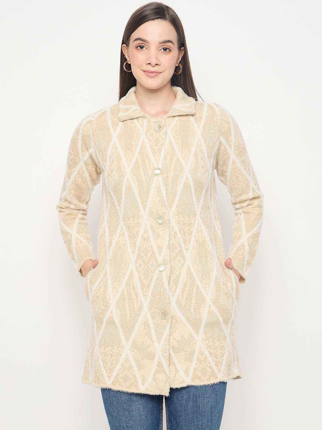 Madame Geometric Print Long Beige Cardigan - Image 3