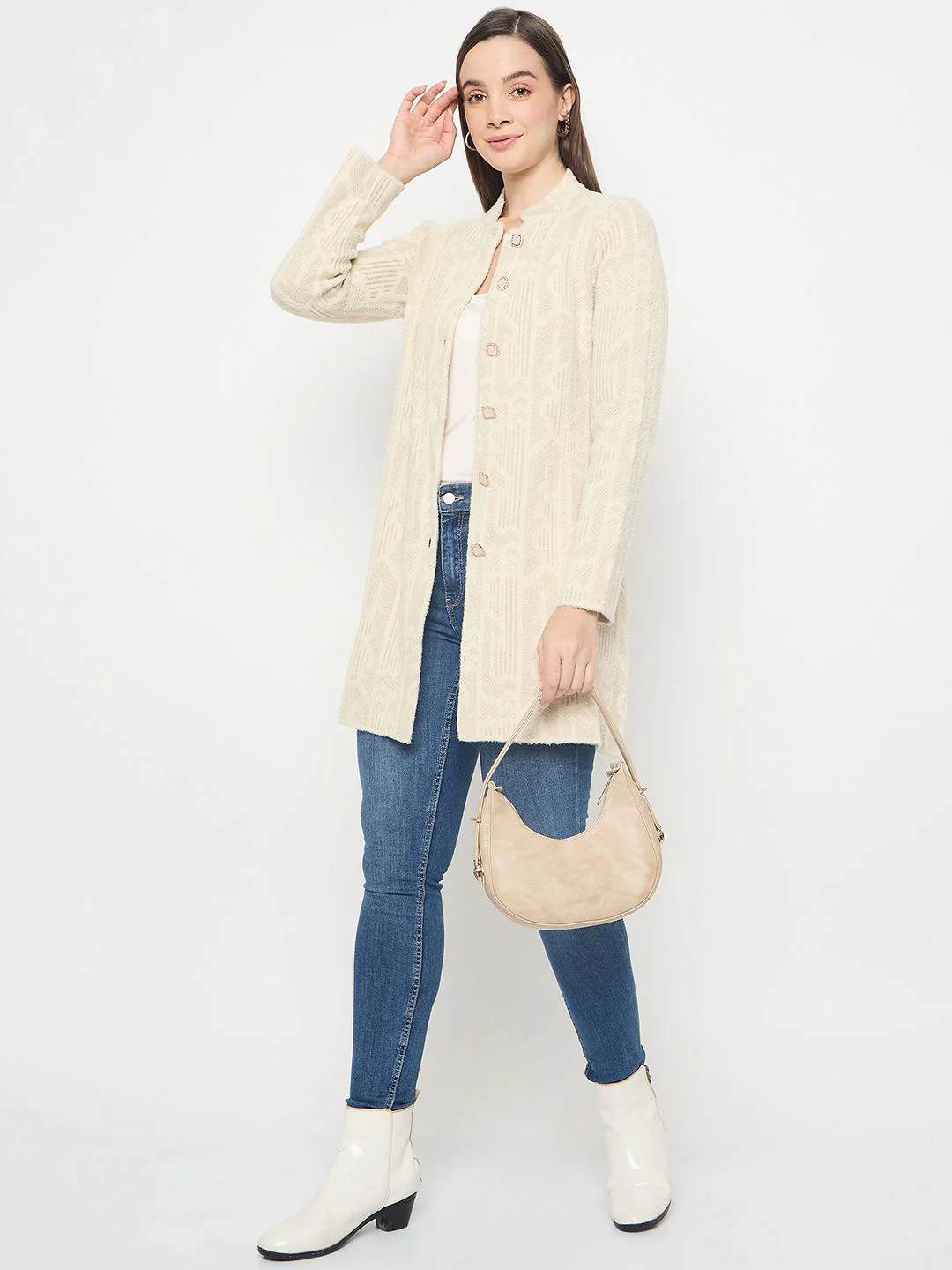 Madame Abstract Print Long Beige Cardigan - Image 2