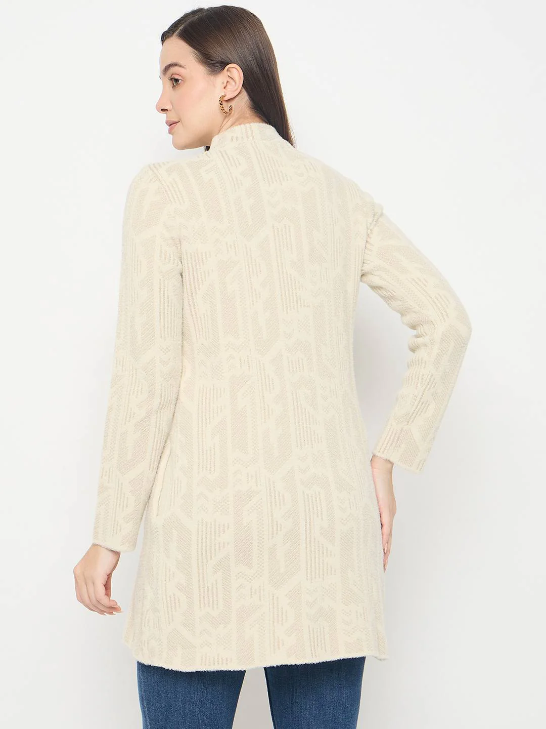 Madame Abstract Print Long Beige Cardigan - Image 6