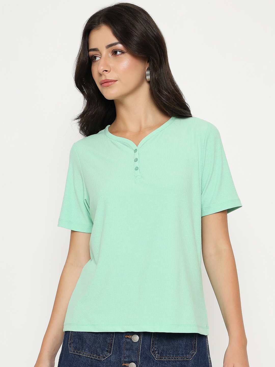 Madame Henley Neck Solid Green T-Shirt - Image 3